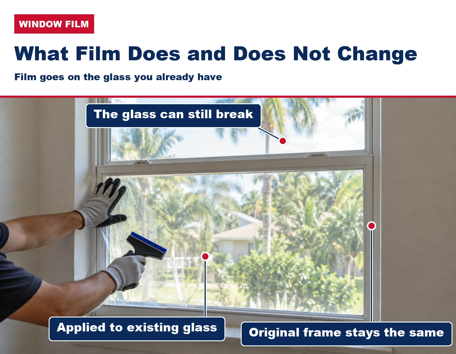 Clear safety film being applied to the existing glass of an older aluminum window; the original frame stays in place.