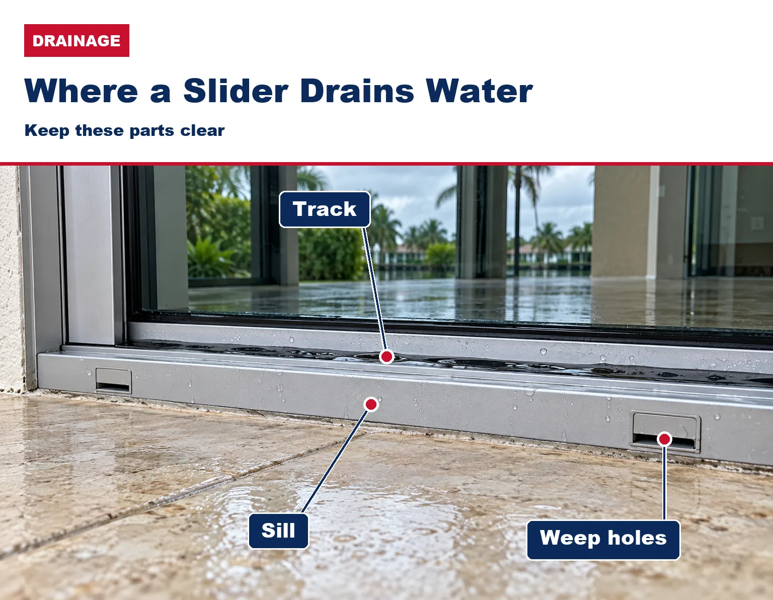 Outside of a sliding glass door sill, showing the track and weep holes.
