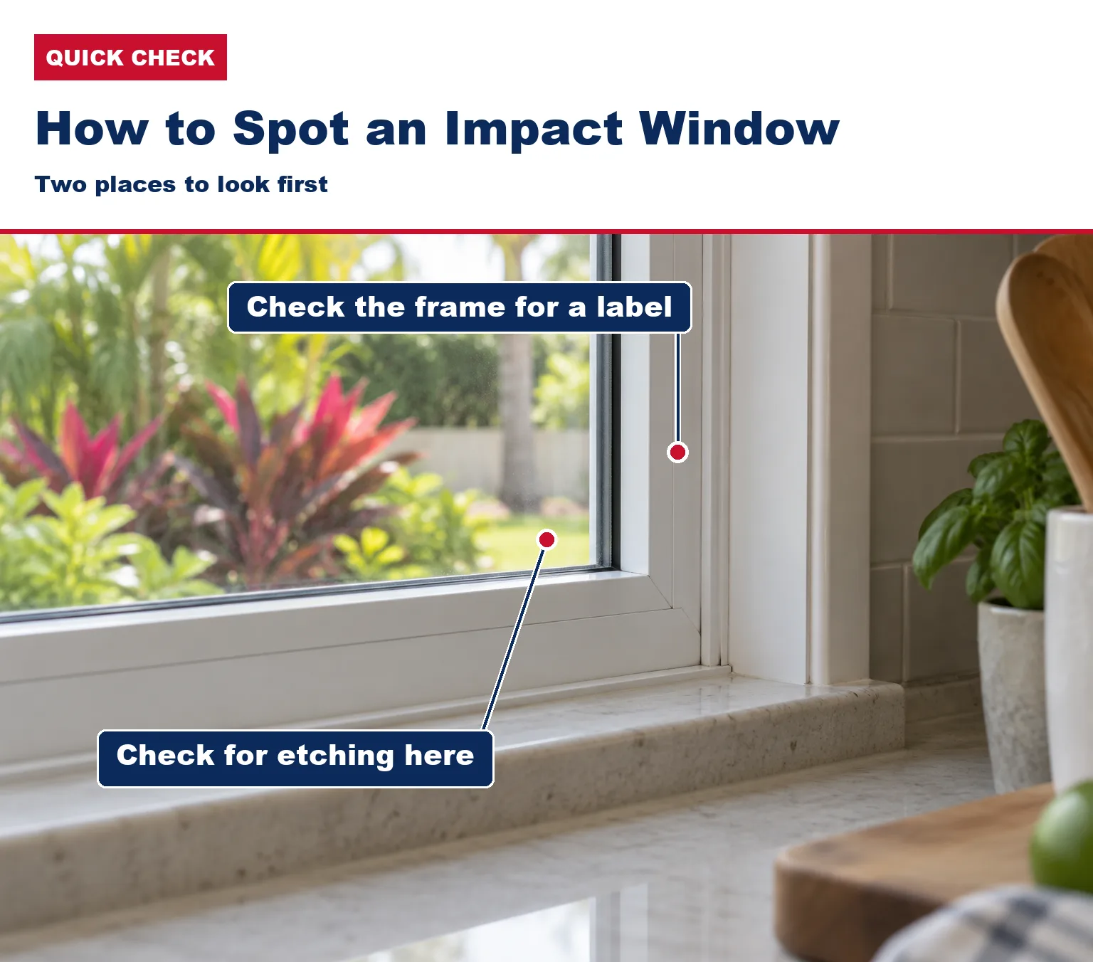 Inside view of a window corner with labels showing where to check for etching in the glass and a label on the frame