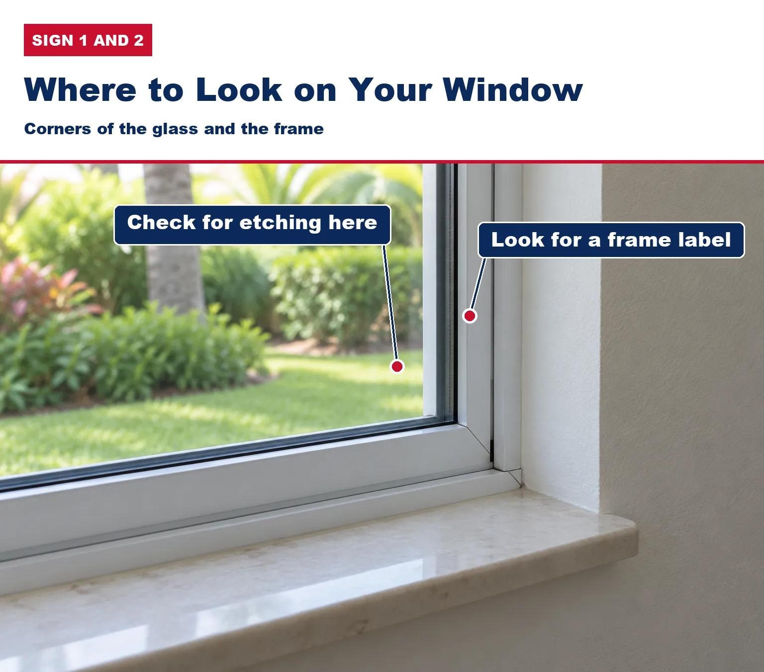 Lower corner of a window with labels showing where to check for etching in the glass corner and a label on the frame