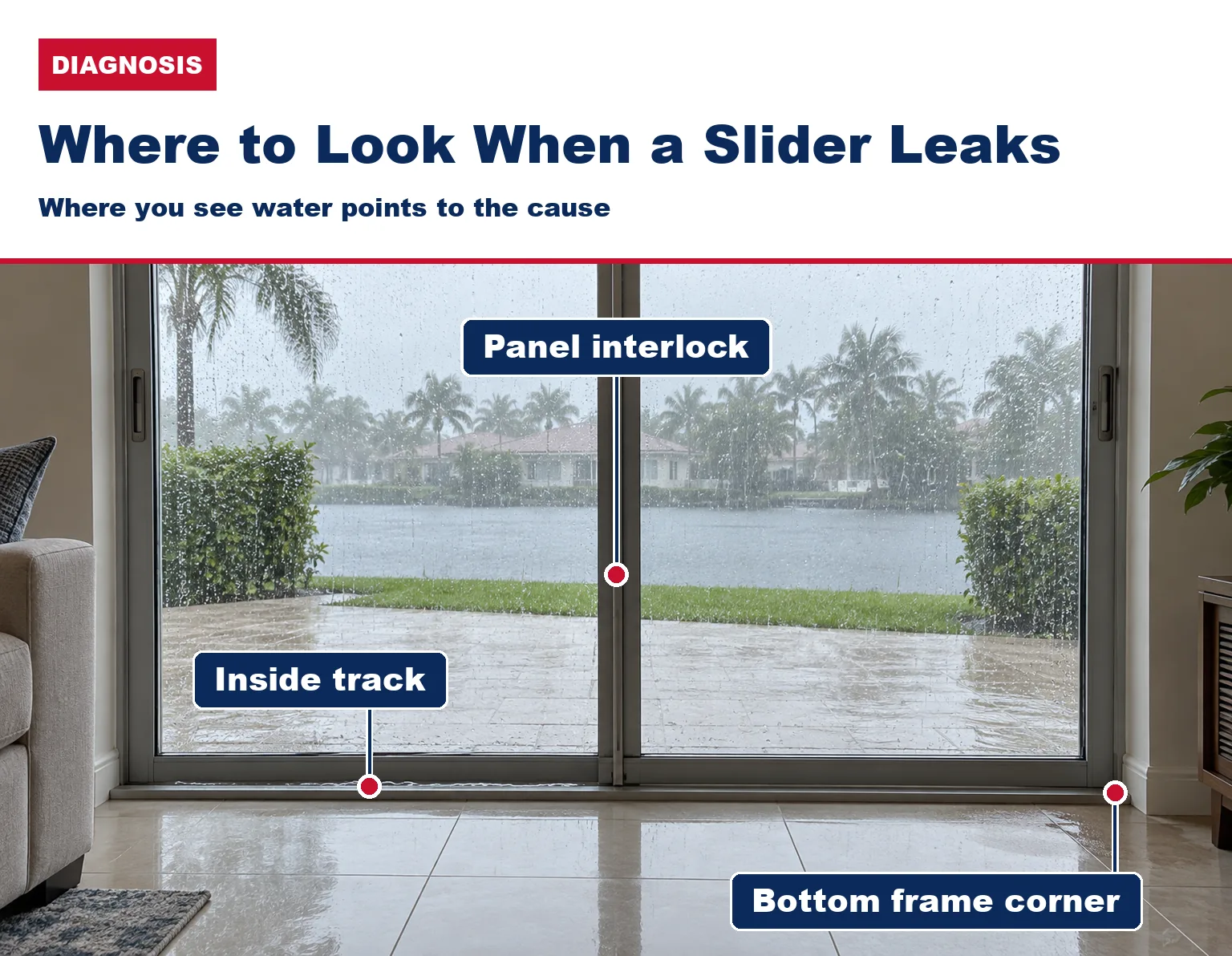 Inside of a closed sliding glass door during rain, showing the inside track, the panel interlock and a bottom frame corner.